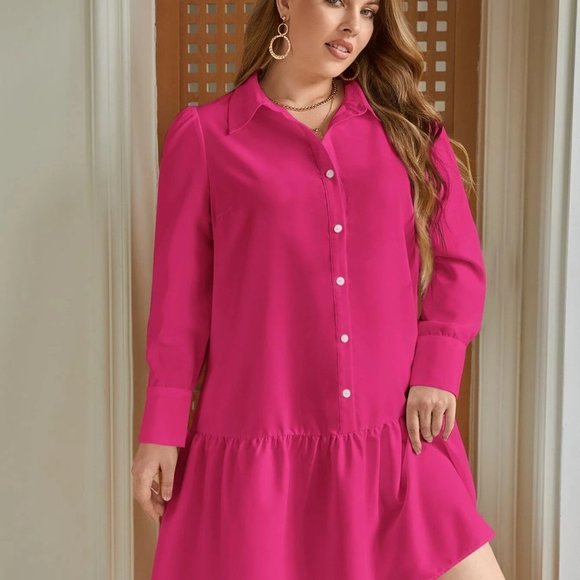 Pink Preppy Womens Ruffle Hem Shirt Dress - Picture 3 of 5